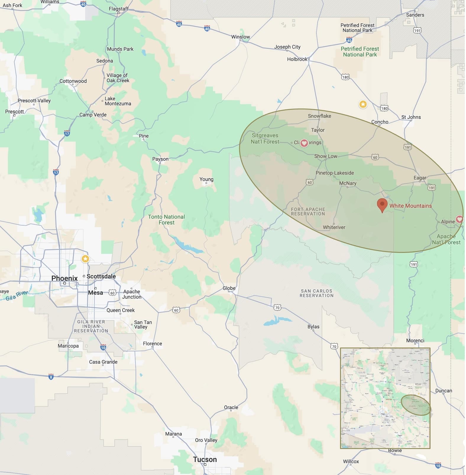 Map Of The Arizona White Mountains 